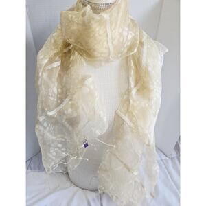 Vtg 100% Silk Boho Wraps Scarf Ivory Romantic Indie Chal Summer Floral Chiffon